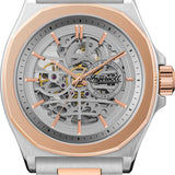 Ingersoll Armbanduhr mit skelettiertem silbernem Zifferblatt, silbernem Gehäuse mit roségoldenem Topring und mehrfarbigem Edelstahlband Produktbild