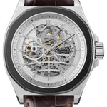 Die Ingersoll Armbanduhr - The Orville verfügt über ein skelettiertes Ziffernblatt mit sichtbaren Zahnrädern, Automatik-Uhrwerk und ein elegantes braunes Lederarmband.