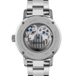 Rückansicht der Ingersoll Armbanduhr - The Jazz by Ingersoll, mit Edelstahl, freiliegenden Zahnrädern, "22 Jewels Automatic"-Schriftzug und skelettiertem Ziffernblatt, das das komplizierte Automatik-Uhrwerk zeigt.