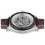 Ingersoll Armbanduhr mit skelettiertem silbernem Zifferblatt, silbernem Gehäuse mit schwarzem Topring und braunem Lederband Zusatzbild