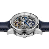 Ingersoll Armbanduhr mit skelettiertem Ziffernblatt in der Farbe silber und blauem Lederband Seitenansicht