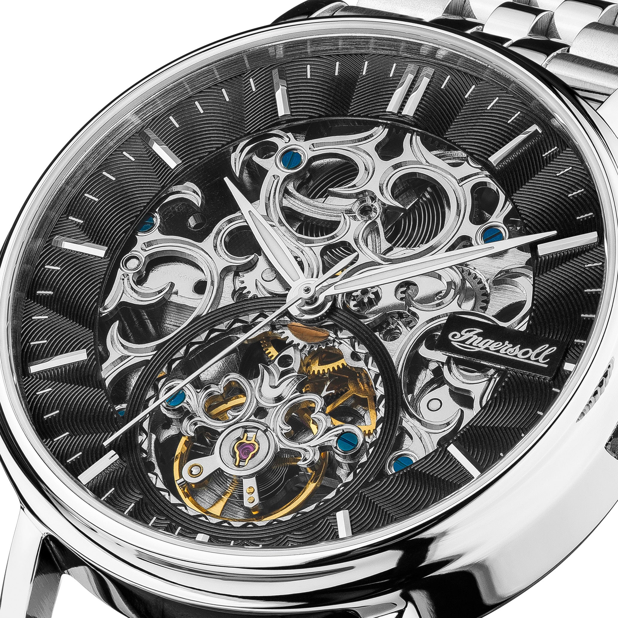 Ingersoll Armbanduhr; skelettierte Uhr in der Farbe silber mit Edelstahlband Nahaufnahme