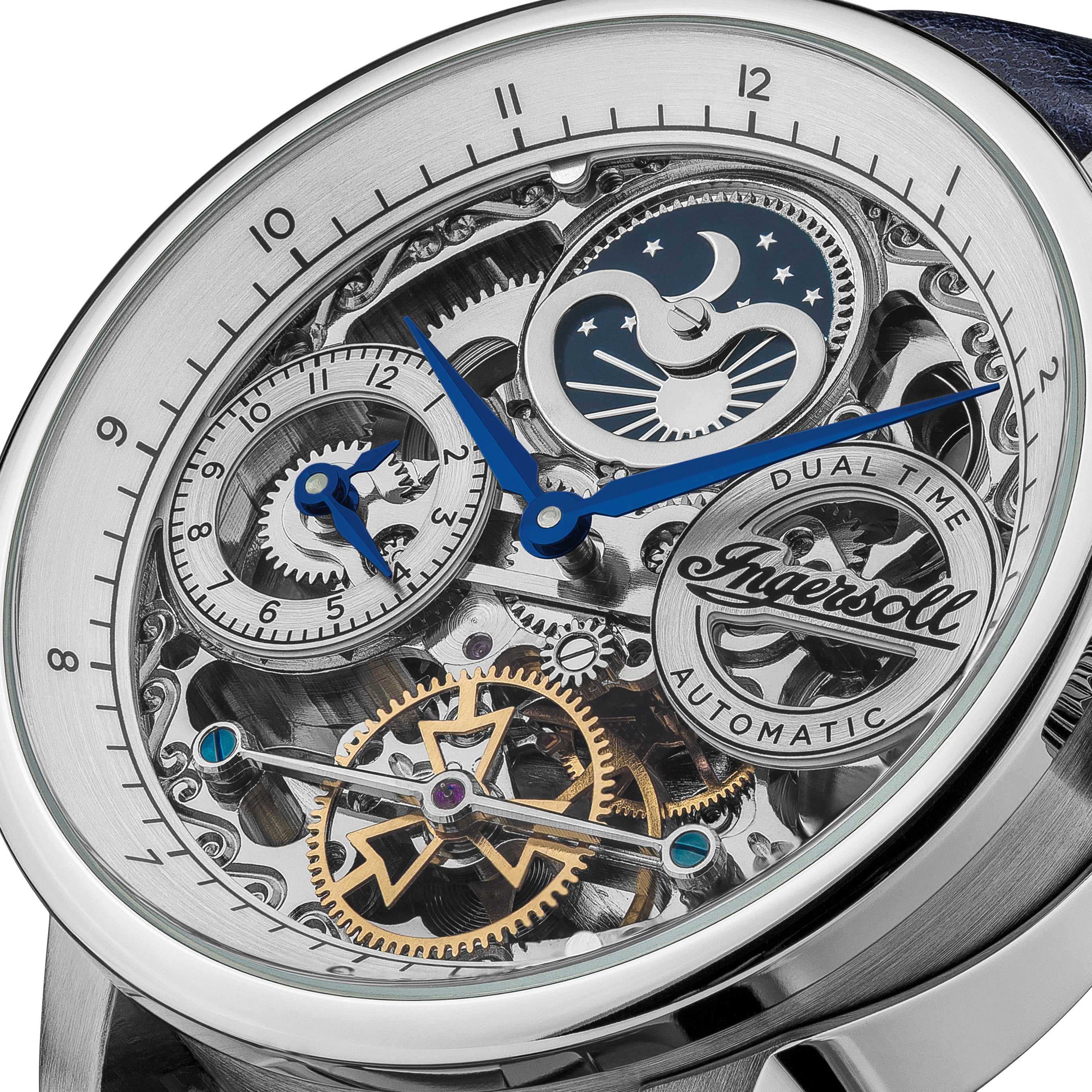 Ingersoll Armbanduhr mit skelettiertem Ziffernblatt in der Farbe silber und blauem Lederband Nahaufnahme