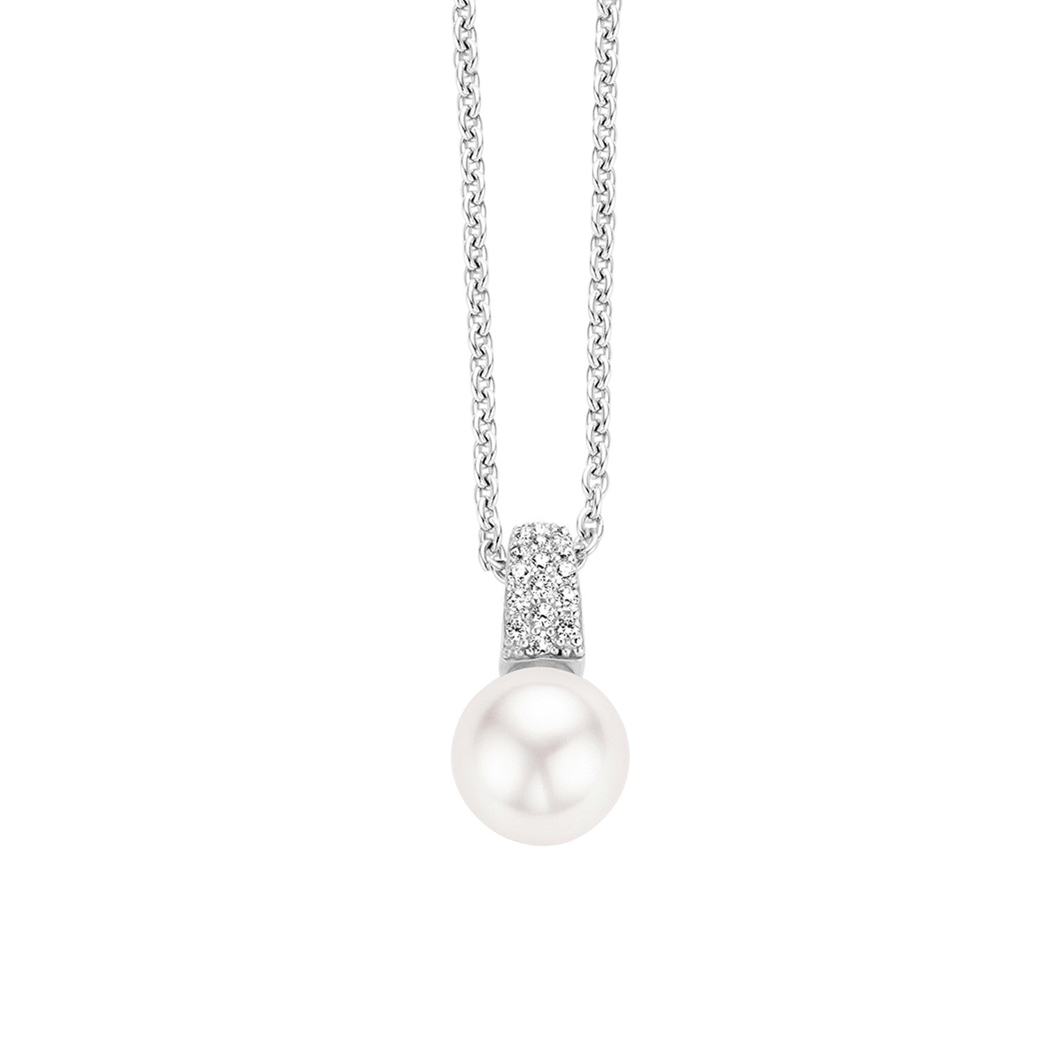 Ti Sento Milano Halskette - The Bold Pearl mit Zirkoniastein-Anhänger und weißer Perle in der Farbe silber Produktbild