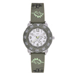 Cool Time Kids Armbanduhr mit Dino-Design auf dem Zifferblatt, grünem Gehäuse mit grünem, drehbarem Topring und grünem Kunstlederarmband mit Dino-Designs; Produktbild