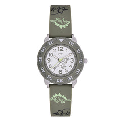 Cool Time Kids Armbanduhr mit Dino-Design auf dem Zifferblatt, grünem Gehäuse mit grünem, drehbarem Topring und grünem Kunstlederarmband mit Dino-Designs; Produktbild