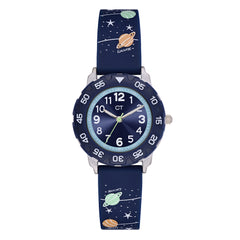 Cool Time Kids Armbanduhr mit blauem Zifferblatt, silbernem Gehäuse mit blauem, drehbarem Topring und blauem Silikonband mit Weltraum-Design; Produktbild