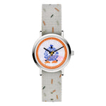 Cool Time Kids Armbanduhr mit Monster-Design auf dem Zifferblatt, silbernem Gehäuse und grauem Textilband; Produktbild