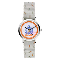 Cool Time Kids Armbanduhr mit Monster-Design auf dem Zifferblatt, silbernem Gehäuse und grauem Textilband; Produktbild