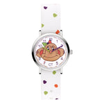 Cool Time Kids Armbanduhr mit Affen-Design auf dem Zifferblatt, silbernem Gehäuse und weißem Textilarmband mit bunten Punkten; Produktbild