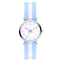 Cool Time Kids Armbanduhr mit rosa Indizes, silbernem Gehäuse und blau-weiß gestreiftem Textilband; Produktbild