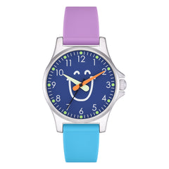 Cool Time Kids Armbanduhr mit lila Zifferblatt mit Smiley-Motiv, silbernem Gehäuse und lila-blauem Silikongehäuse; Produktbild 