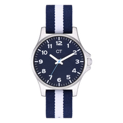 Cool Time Kids Armbanduhr mit blauem Zifferblatt, silbernem Gehäuse und blau-weiß getsreiftem Textilband; Produktbild