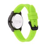 Cool Time Kids Armbanduhr mit schwarzem Zifferblatt, schwarzem Gehäuse und grünem Silikonband; Rückansicht