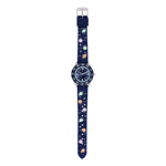 Cool Time Kids Armbanduhr mit blauem Zifferblatt, silbernem Gehäuse mit blauem, drehbarem Topring und blauem Silikonband mit Weltraum-Design; Zusatzbild