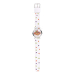 Cool Time Kids Armbanduhr mit Affen-Design auf dem Zifferblatt, silbernem Gehäuse und weißem Textilarmband mit kleinen bunten Flecken; Zusatzbild