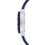 Cool Time Kids Armbanduhr mit blauem Zifferblatt, silbernem Gehäuse mit blauem, drehbarem Topring und blauem Silikonband mit Weltraum-Design; Seitenansicht