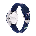 Cool Time Kids Armbanduhr mit blauem Zifferblatt, silbernem Gehäuse mit blauem, drehbarem Topring und blauem Silikonband mit Weltraum-Design; Rückansicht