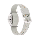 Cool Time Kids Armbanduhr mit Monster-Design auf dem Zifferblatt, silbernem Gehäuse und grauem Textilband; Rückansicht