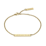 Liebeskind Berlin Armband bestehend aus einer filigranen, goldenen Kette und einer gravierten Edelstahlplatte mit Gravur-Möglichkeit auf der Rückseite; Produktbild