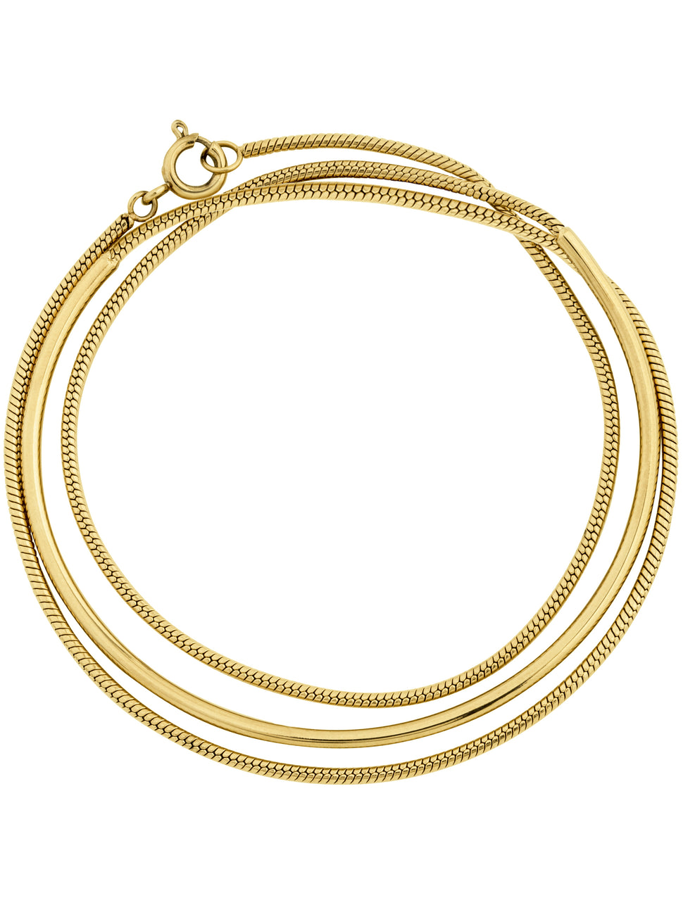 Liebeskind Berlin Armband bestehend aus einem goldenem Armreif und einer goldenen Schlangenkette im Layeringstyle; Produktbild