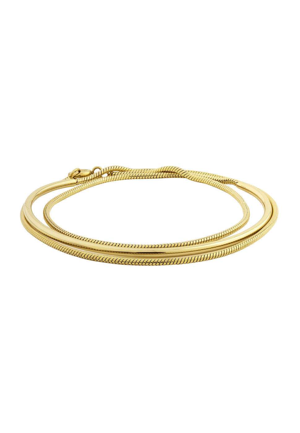 Liebeskind Berlin Armband bestehend aus einem goldenem Armreif und einer goldenen Schlangenkette im Layeringstyle; Produktbild