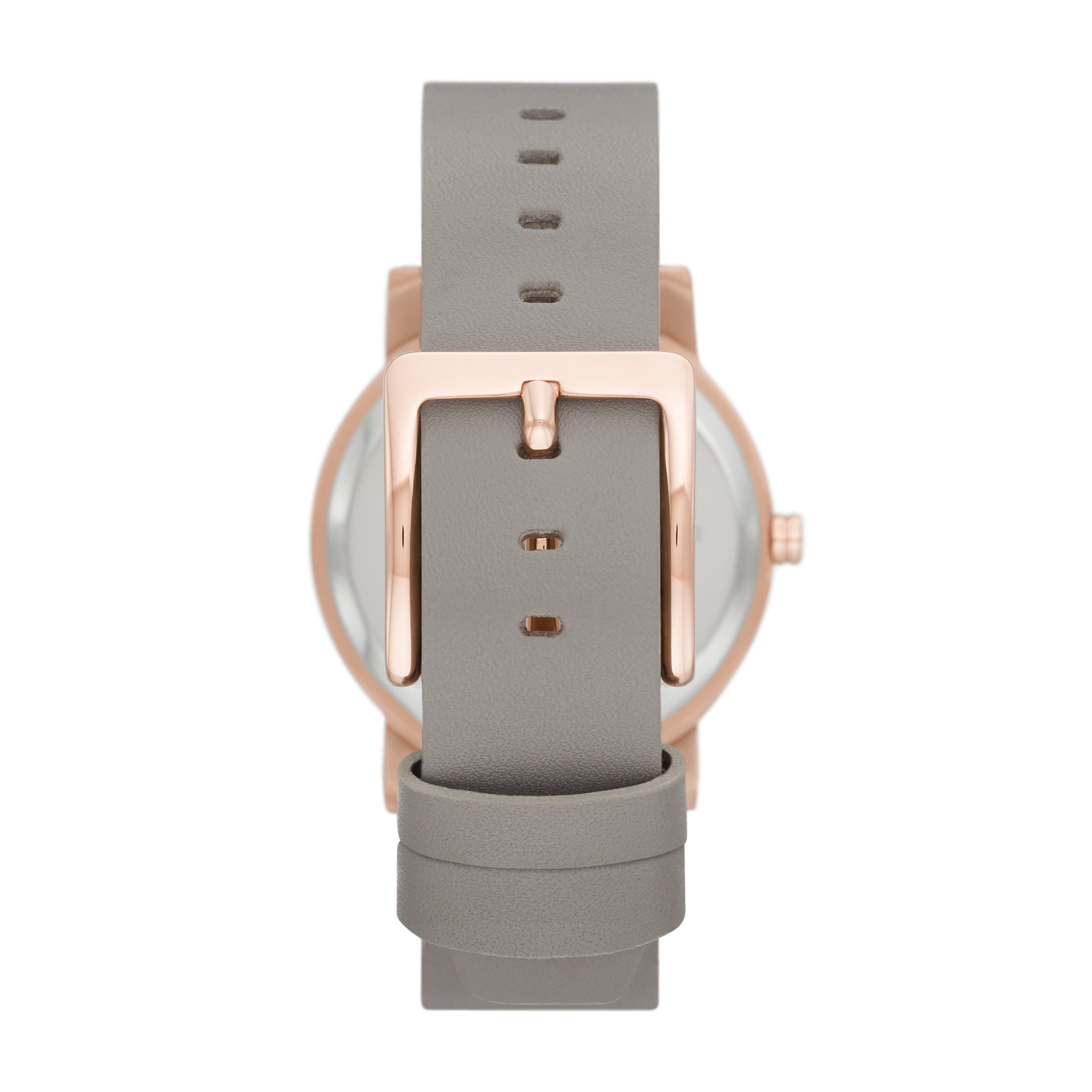 DKNY Armbanduhr mit grauem Ziffernblatt, roségoldenem Gehäuse und grauem Echtlederband Rückansicht