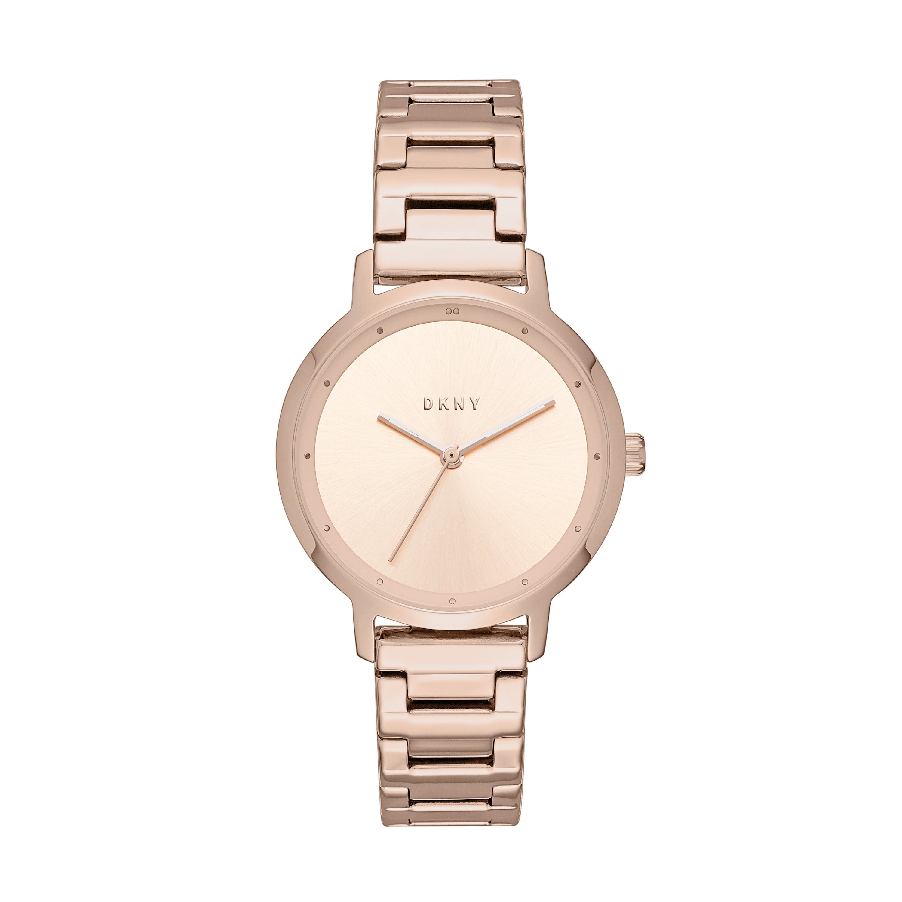 DKNY Armbanduhr mit roségoldenem Sunray-Ziffernblatt, roségoldenem Gehäuse und roségoldenem facettiertem Edelstahlband Produktbild