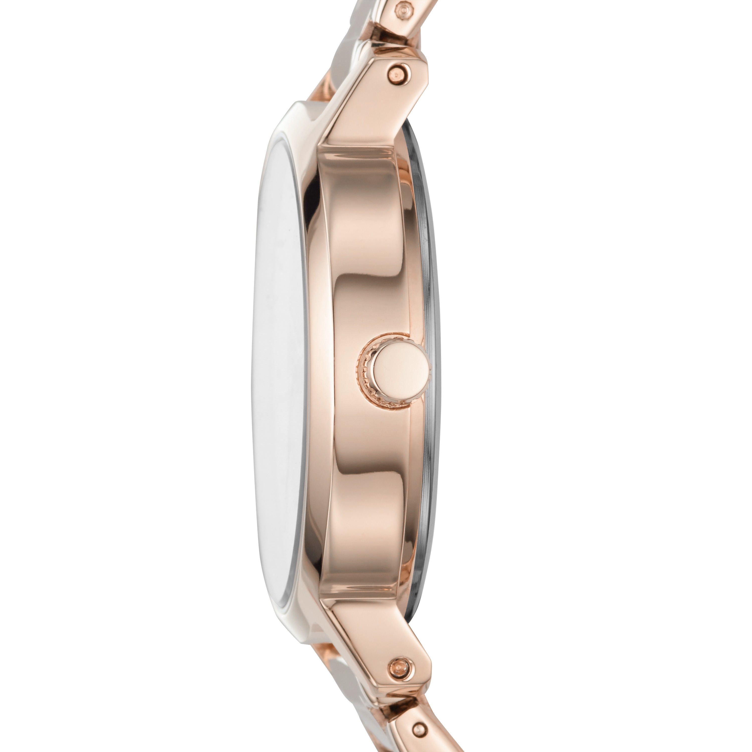 DKNY Armbanduhr mit roségoldenem Sunray-Ziffernblatt, roségoldenem Gehäuse und roségoldenem facettiertem Edelstahlband Seitenansicht