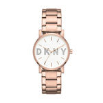 DKNY Armbanduhr mit glassteinverziertem Logodetail, roségoldenem Gehäuse und roségoldenem Edelstahlband Produktbild