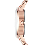 DKNY Armbanduhr mit glassteinverziertem Logodetail, roségoldenem Gehäuse und roségoldenem Edelstahlband Seitenansicht