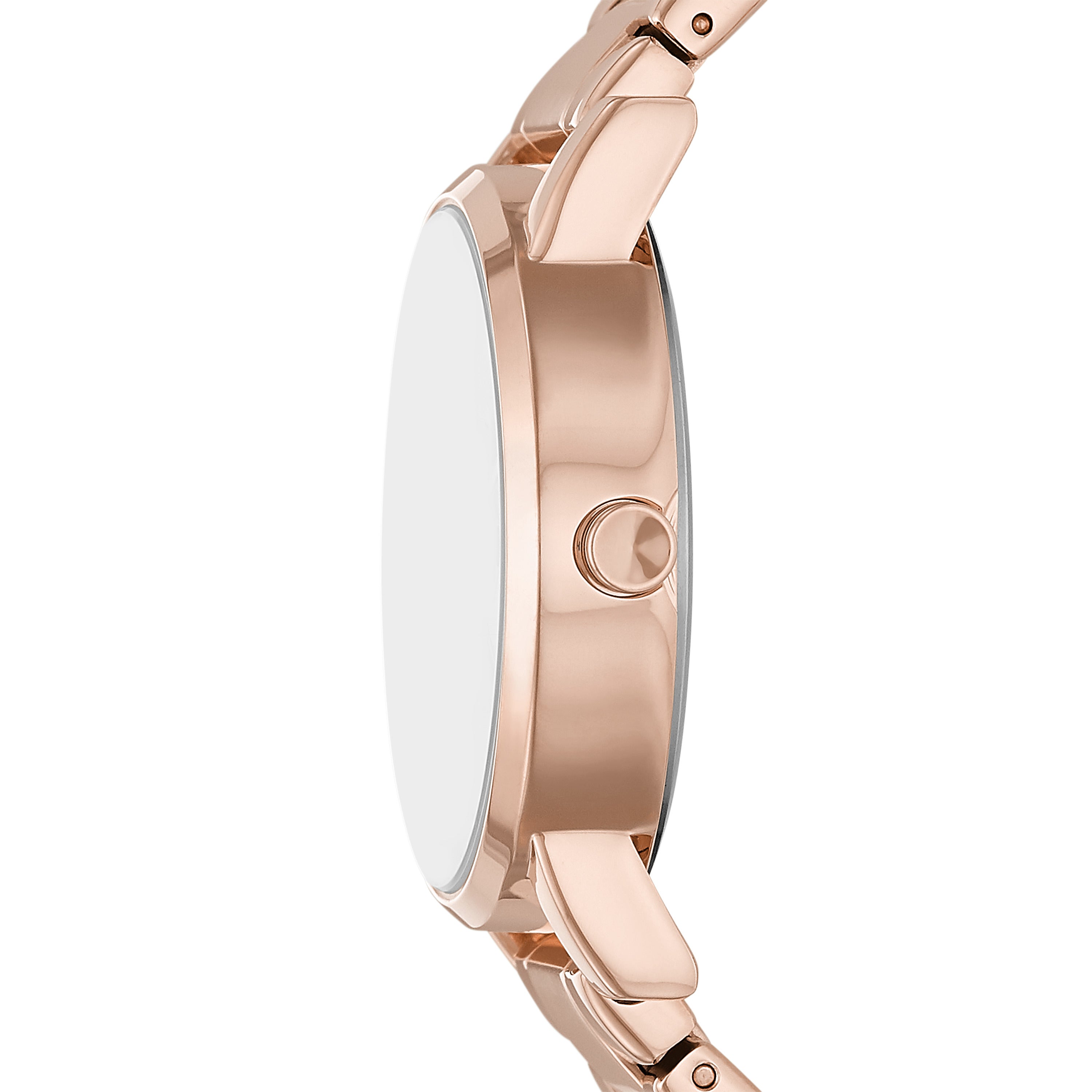 DKNY Armbanduhr mit roségoldenem Sunray-Ziffernblatt mit glänzendem Logo, roségoldenem Gehäuse sowie Edelstahlband Seitenansicht