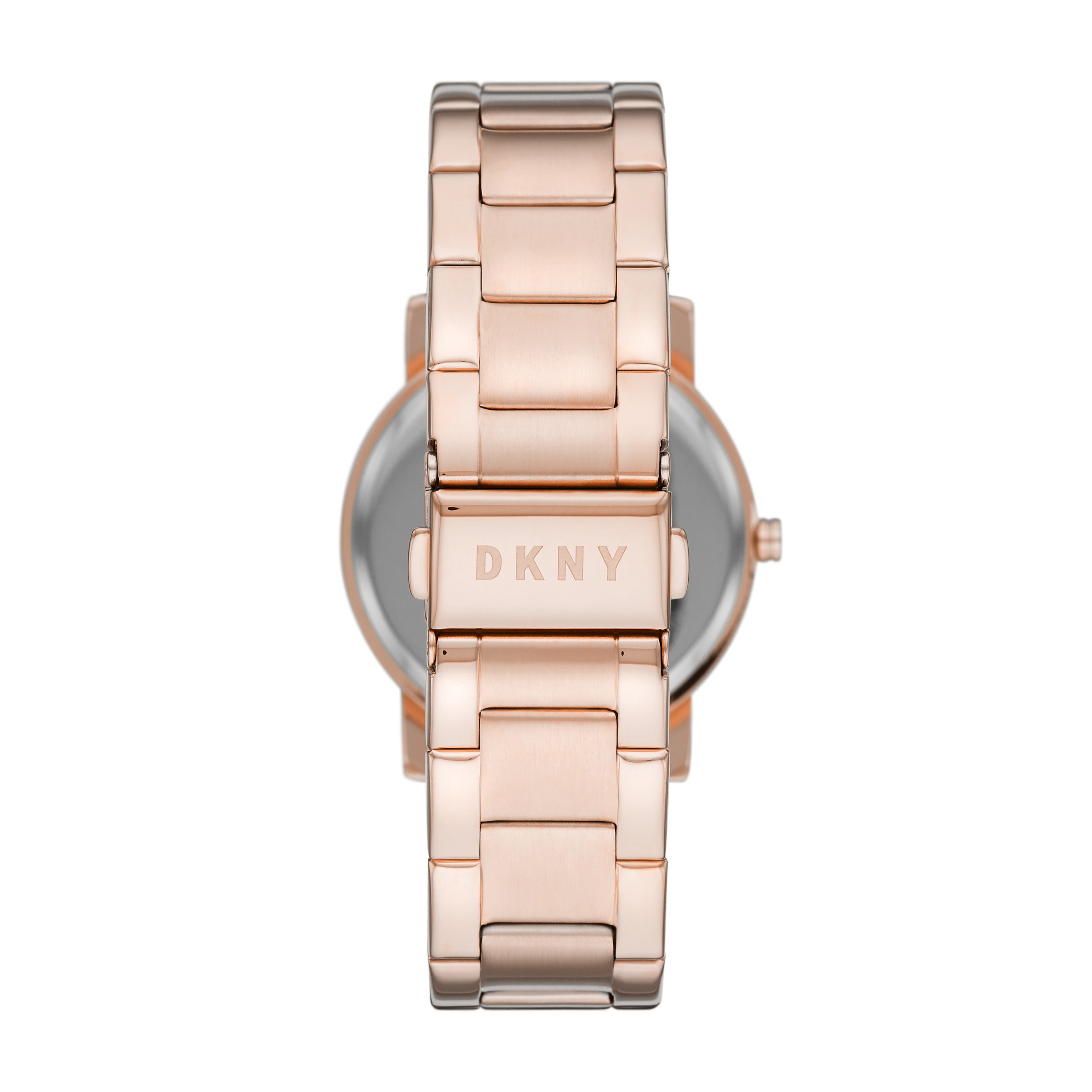 DKNY Armbanduhr mit roségoldenem Sunray-Ziffernblatt mit glänzendem Logo, roségoldenem Gehäuse sowie Edelstahlband Rückansicht