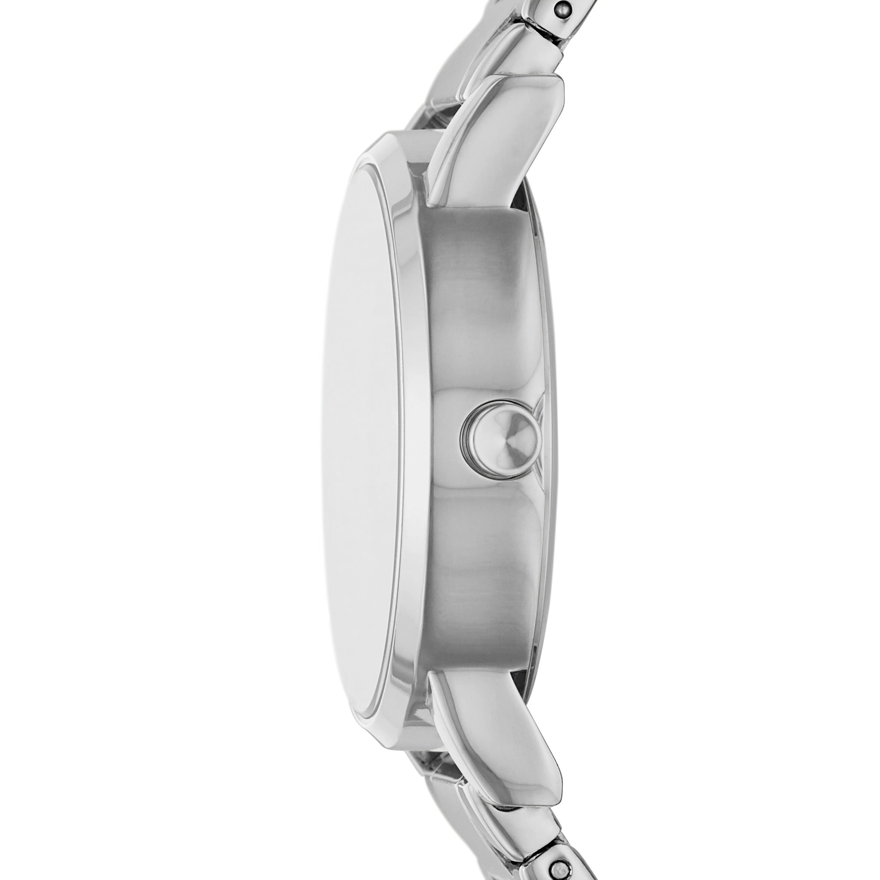 DKNY Armbanduhr mit silbernem Sunray-Ziffernblatt mit wiederholtem Logo, silbernem Gehäuse und silbernem Edelstahlband Seitenansicht