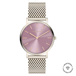 Liebeskind Berlin Armbanduhr mit rosa Zifferblatt, roségoldenem Gehäuse und roségoldenem Meshband Produktbild