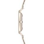 Liebeskind Berlin Armbanduhr mit rosa Zifferblatt, roségoldenem Gehäuse und roségoldenem Meshband Seitenansicht