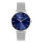 Tamaris Armbanduhr mit blauem Ziffernblatt, silbernem Gehäuse und silbernem Mesh-Armband Produktbild