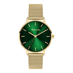 Tamaris Armbanduhr mit grünem Ziffernblatt, goldenem Gehäuse und goldenem Mesh-Armband Produktbild