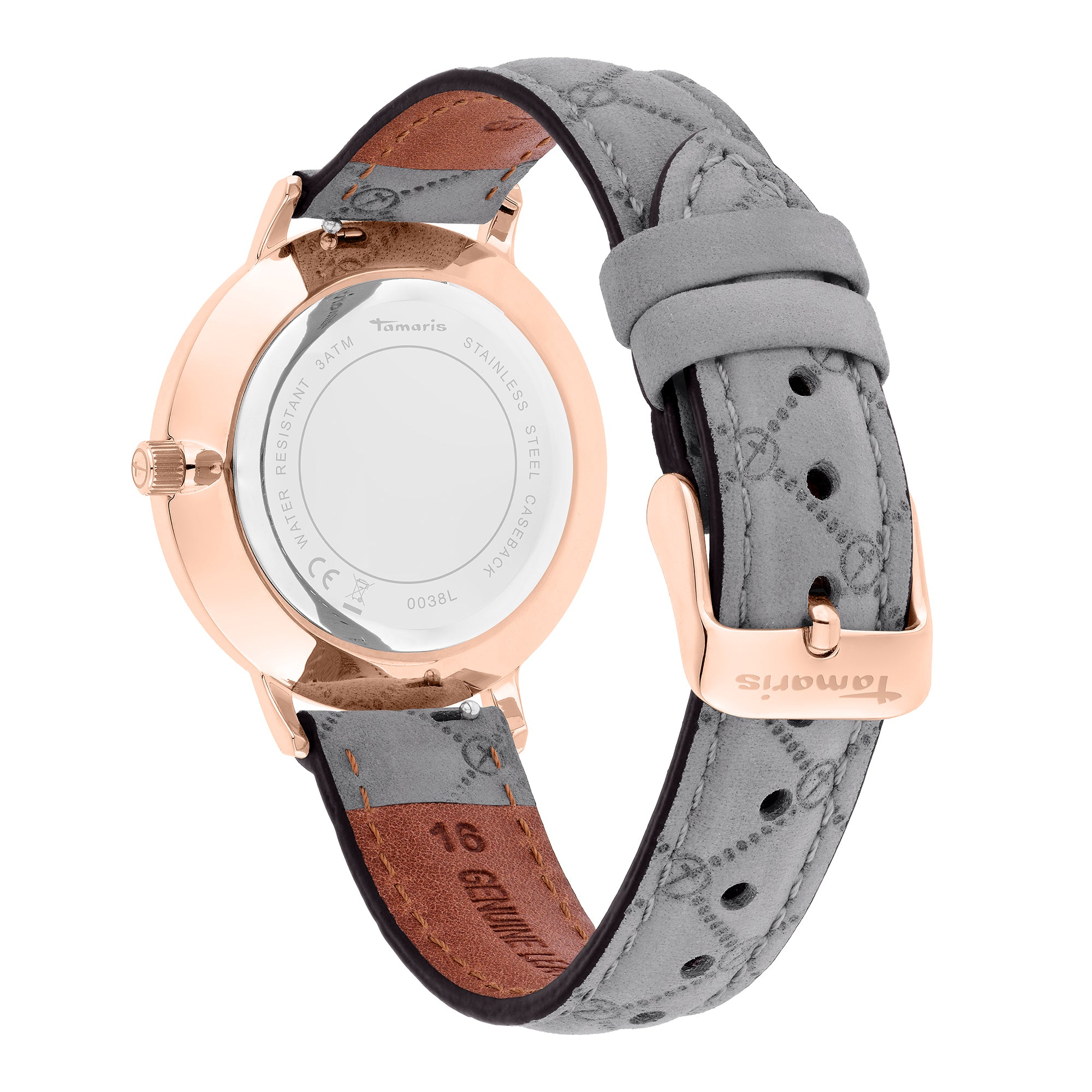 Tamaris Armbanduhr in klassischem Design mit roségoldenem Gehäuse und grauem Lederarmband Rückansicht