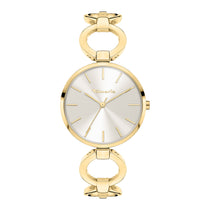 Tamaris Armbanduhr mit silbernem Ziffernblatt, goldenem Gehäuse und goldenem Schmuckband Produktbild