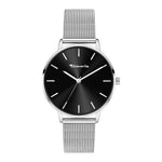 Tamaris Armbanduhr mit schwarzem Ziffernblatt, silbernem Gehäuse und silbernem Mesh-Armband Produktbild