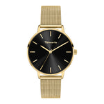 Tamaris Armbanduhr mit schwarzem Ziffernblatt, goldenem Gehäuse und goldenem Mesh-Armband Produktbild