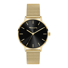 Tamaris Armbanduhr mit schwarzem Ziffernblatt, goldenem Gehäuse und goldenem Mesh-Armband Produktbild