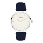 Tamaris Armbanduhr - The Classic Canvas: Eine minimalistische silberne Armbanduhr von Tamaris mit weißem Zifferblatt, marineblauem Canvas-Armband und einfachen Stundenmarkierungen - ein echtes Basic-Must-Have für zeitlosen Stil.