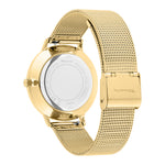 Tamaris Armbanduhr mit schwarzem Ziffernblatt, goldenem Gehäuse und goldenem Mesh-Armband Rückansicht