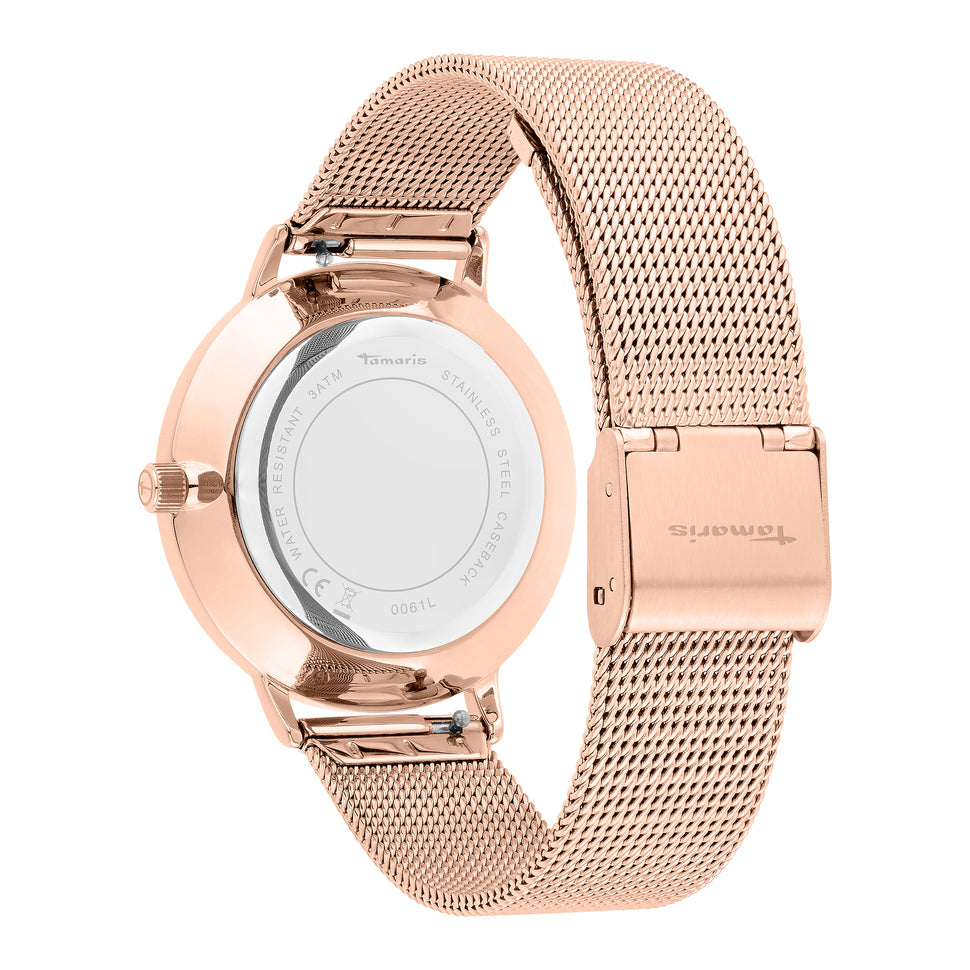 Tamaris Armbanduhr mit schwarzem Ziffernblatt, roségoldenem Gehäuse und roségoldenem Mesh-Armband Rückansicht