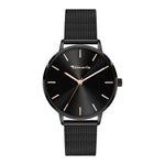 Tamaris Armbanduhr mit schwarzem Ziffernblatt, schwarzem Gehäuse und schwarzem Mesh-Armband Produktbild