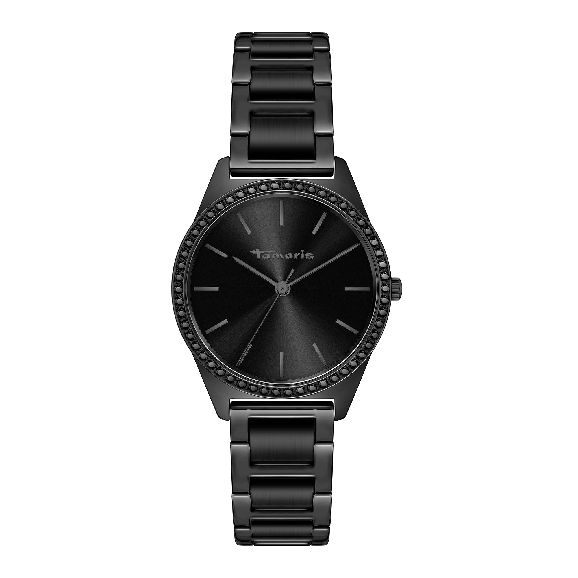 Tamaris Armbanduhr mit schwarzem Zifferblatt, schwarzem Gehäuse mit glassteinbesetzter Lünette und schwarzem Edelstahlband Produktbild