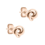 Die LIEBESKIND BERLIN Ohrstecker - The Small Knot sind roségoldene Knoten-Ohrstecker von Liebeskind Berlin, gefertigt aus poliertem Edelstahl mit einem verschlungenen Design und Schmetterlingsrückseite, dargestellt auf weißem Hintergrund.