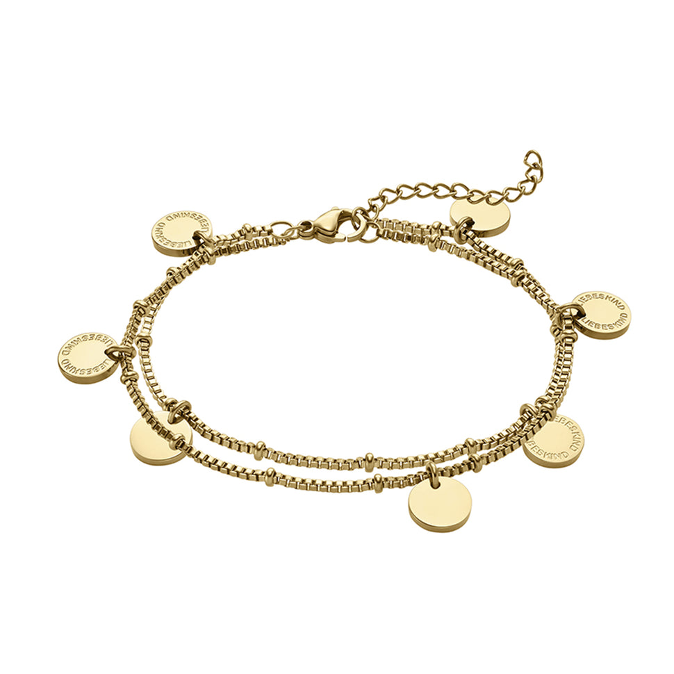 Liebeskind Berlin Armband bestehend aus einer doppelreihigen, goldenen Venezianerkette und kleinen, runden Edelstahlplättchen; Produktbild